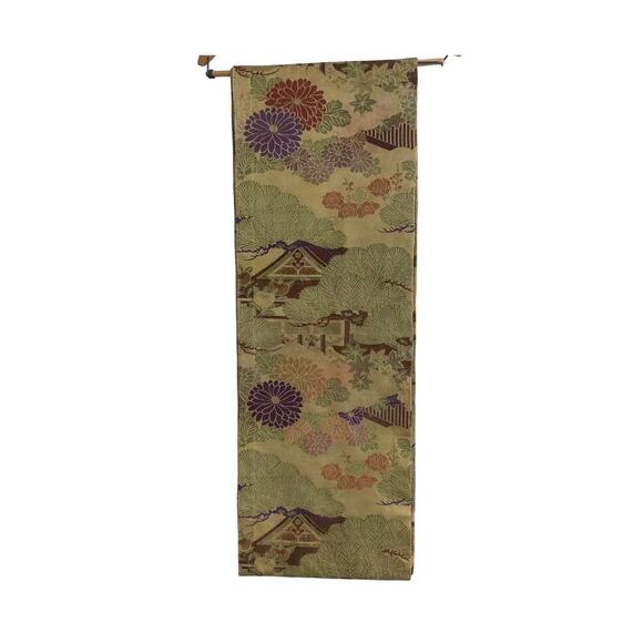 Antique Japanese Maru Silk & Wool Obi With Multicolored Peonies Landscape Design - Picture 5 of 12